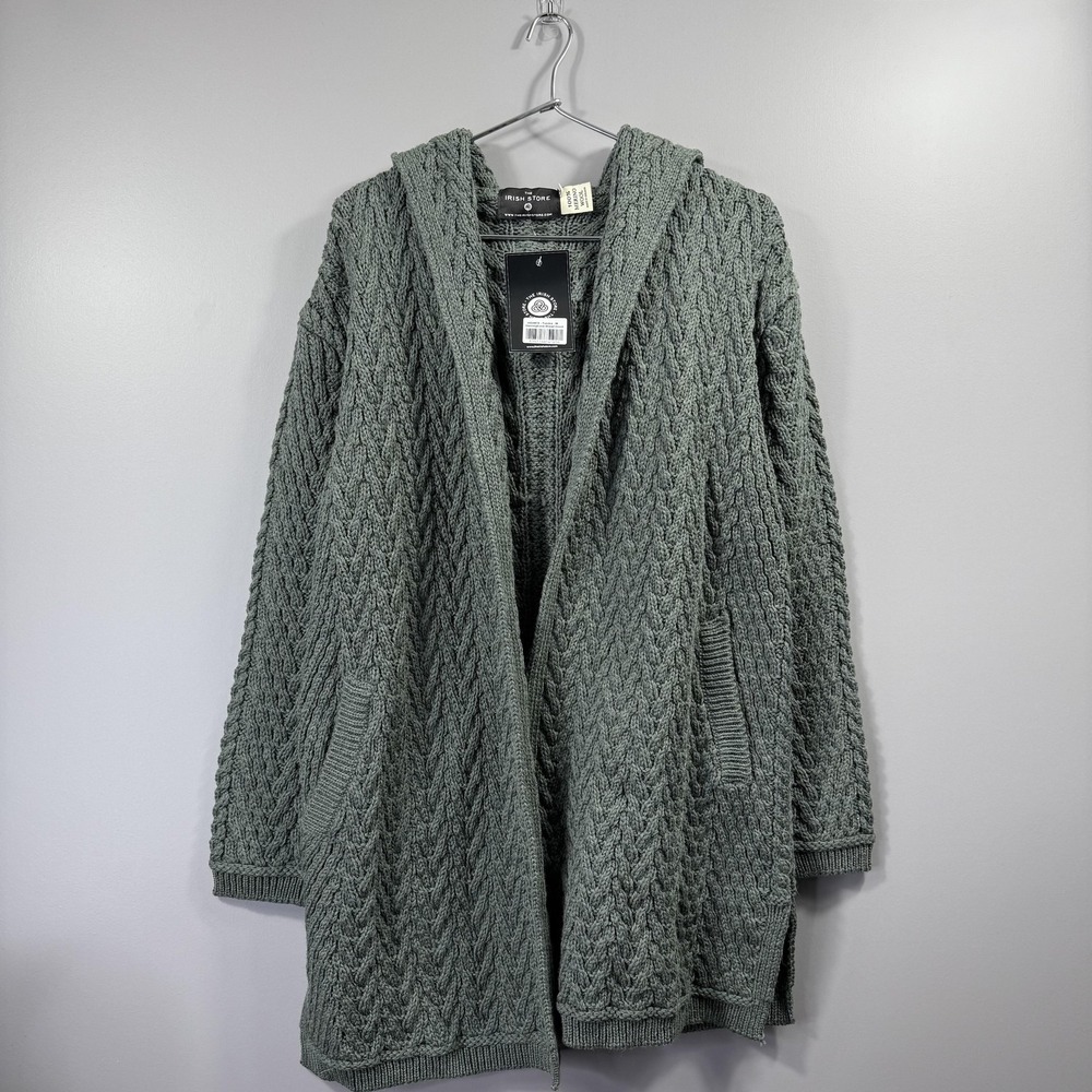 The Irish Store Sweater Womens Medium Green Merino Wool Hooded Cardigan Ireland